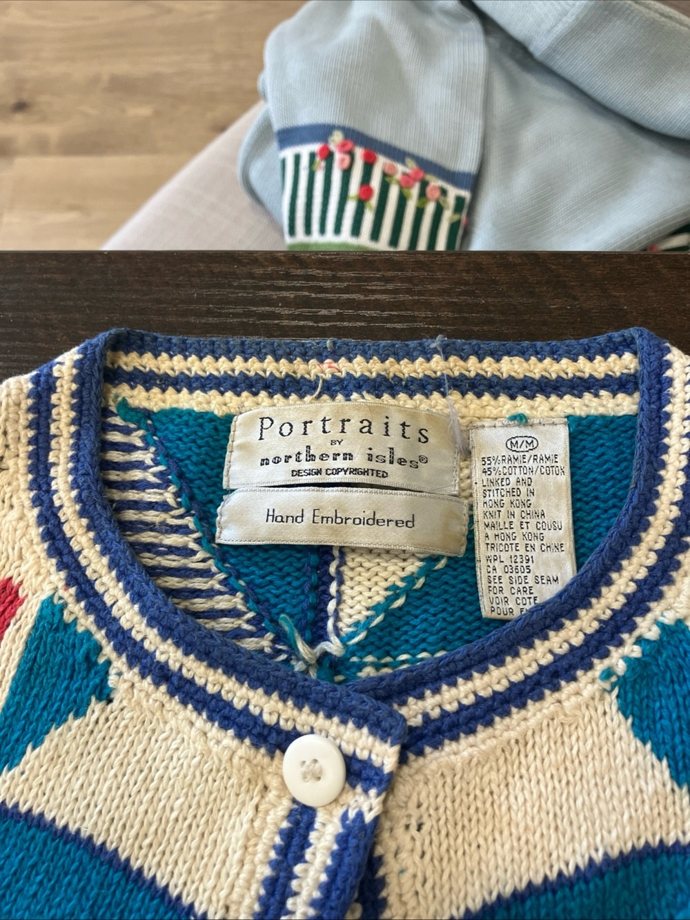 Portraits by Northern Isles Hand-Embroidered Blue & Cream Cardigan
